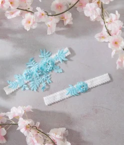 Aqua Blue Rhinestone Floral Garter Set