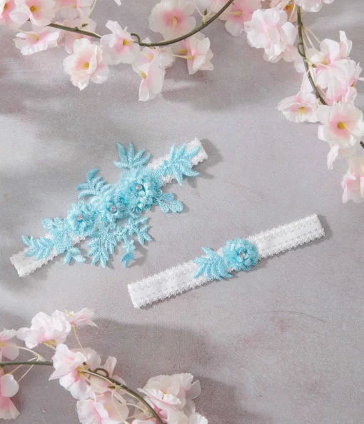 Aqua Blue Rhinestone Floral Garter Set