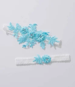 Aqua Blue Rhinestone Floral Garter Set