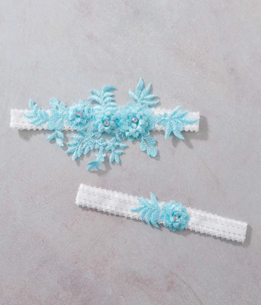 Aqua Blue Rhinestone Floral Garter Set