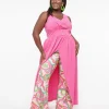 Barbie x Smak Parlour Plus Size 1970s Pink & Green Floral Evening In Flare Pants