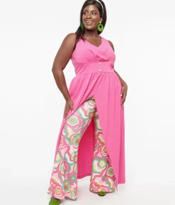 Barbie x Smak Parlour Plus Size 1970s Pink & Green Floral Evening In Flare Pants