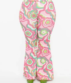 Barbie x Smak Parlour Plus Size 1970s Pink & Green Floral Evening In Flare Pants