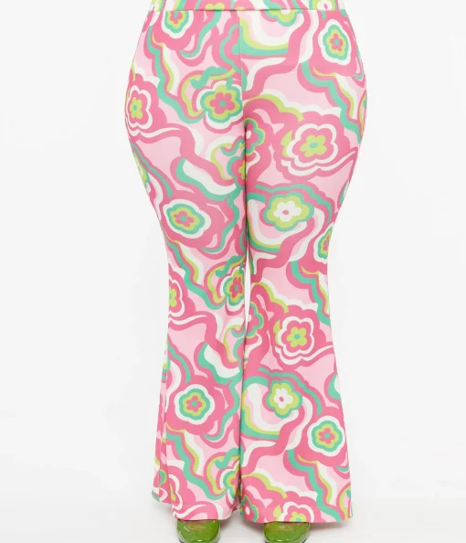 Barbie x Smak Parlour Plus Size 1970s Pink & Green Floral Evening In Flare Pants