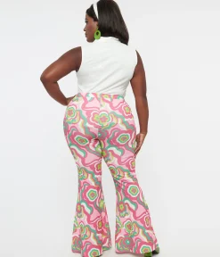 Barbie x Smak Parlour Plus Size 1970s Pink & Green Floral Evening In Flare Pants