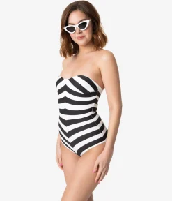 BarbieÂª x Unique Vintage Black & White Chevron Stripe One Piece Bathing Suit