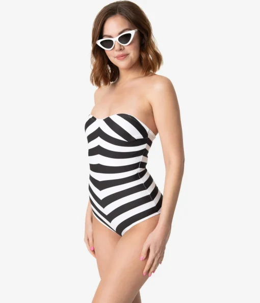 BarbieÂª x Unique Vintage Black & White Chevron Stripe One Piece Bathing Suit