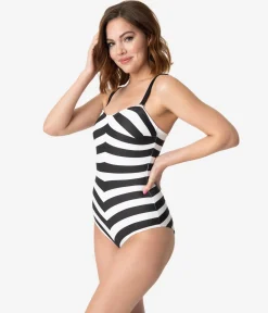 BarbieÂª x Unique Vintage Black & White Chevron Stripe One Piece Bathing Suit