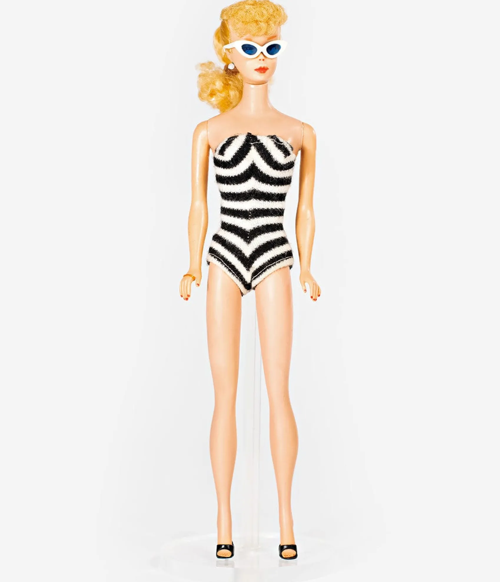 Barbieª x Unique Vintage Black & White Chevron Stripe One Piece Bathing Suit
