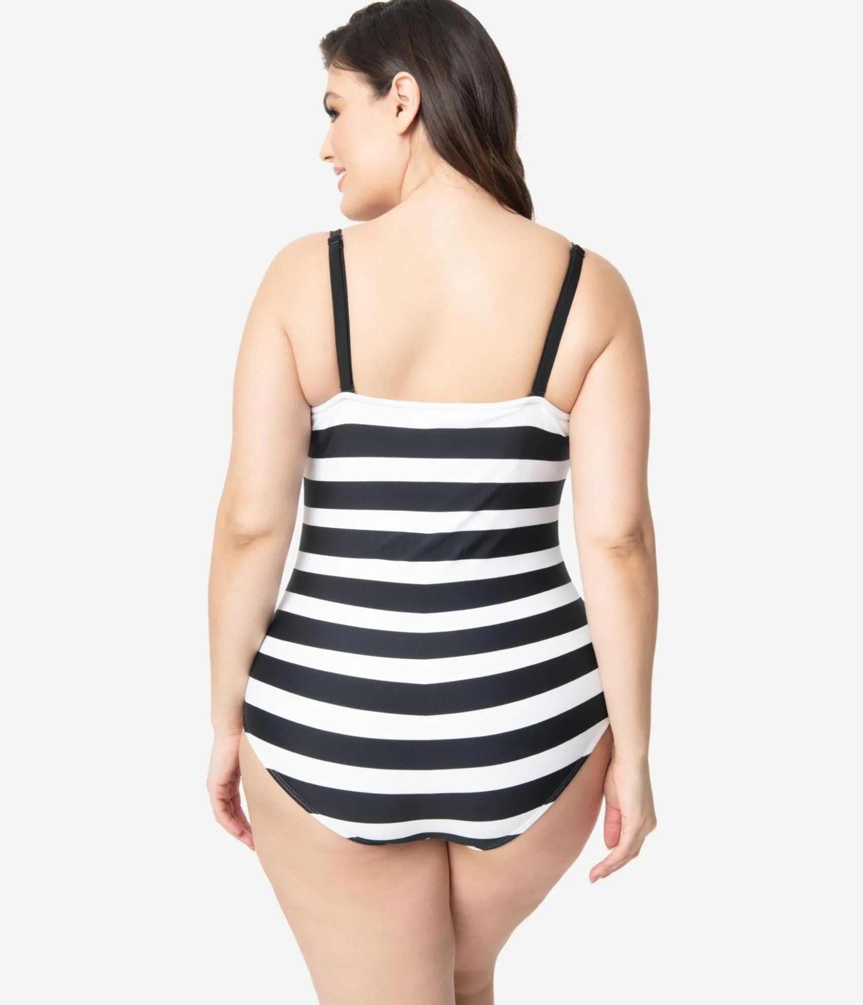 Barbieª x Unique Vintage Plus Size Black & White Chevron Stripe One Piece Bathing Suit