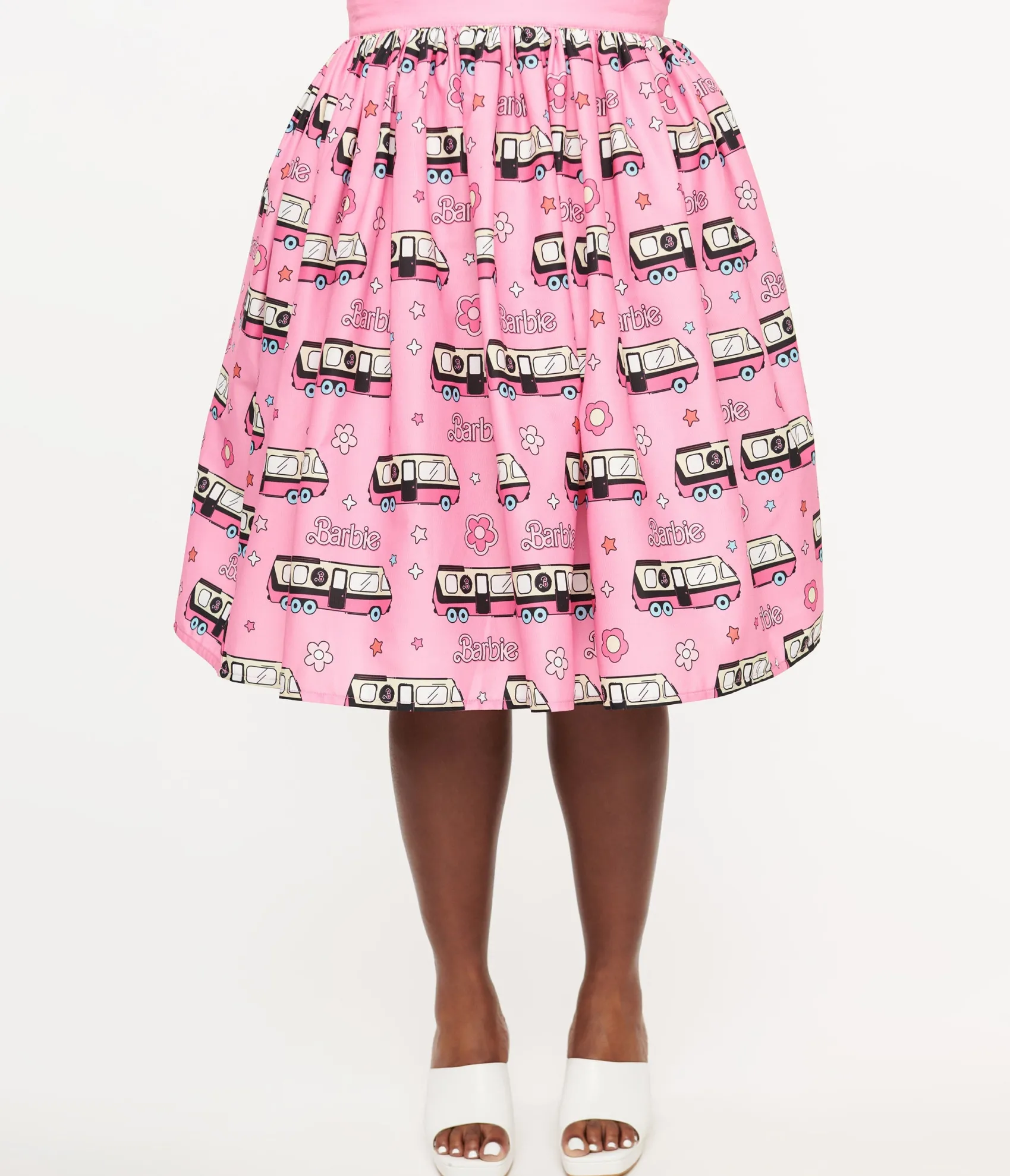 Barbie x Unique Vintage Plus Size 1970s Pink Barbie Bus Gellar Swing Skirt