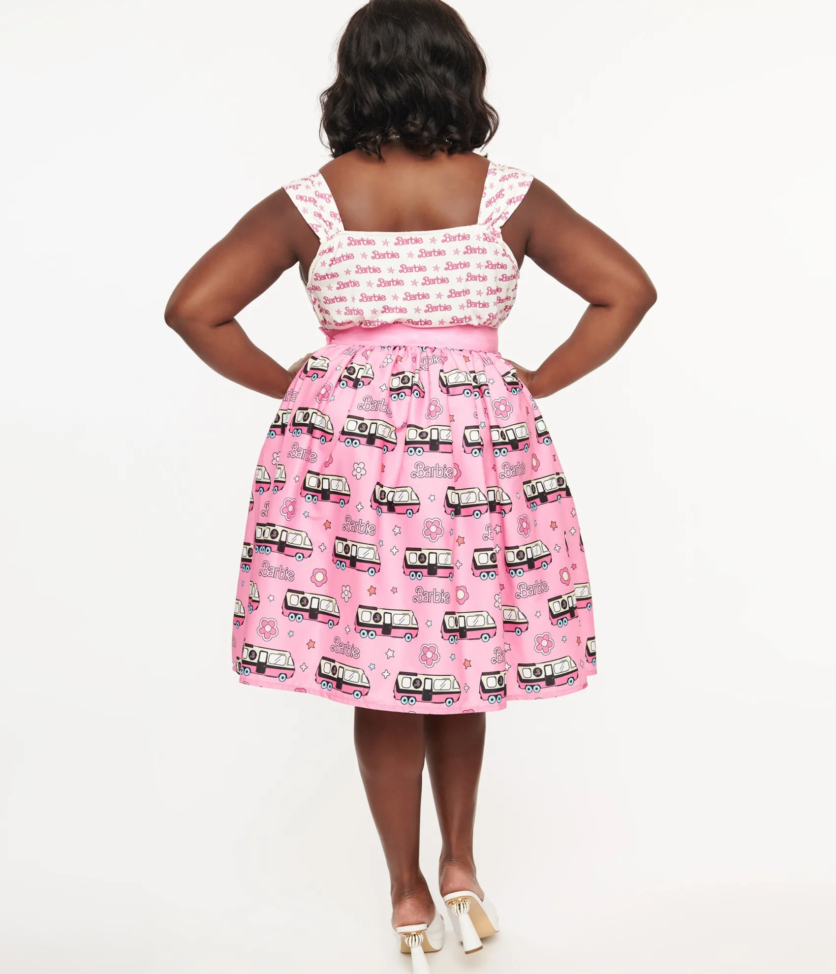 Barbie x Unique Vintage Plus Size 1970s Pink Barbie Bus Gellar Swing Skirt
