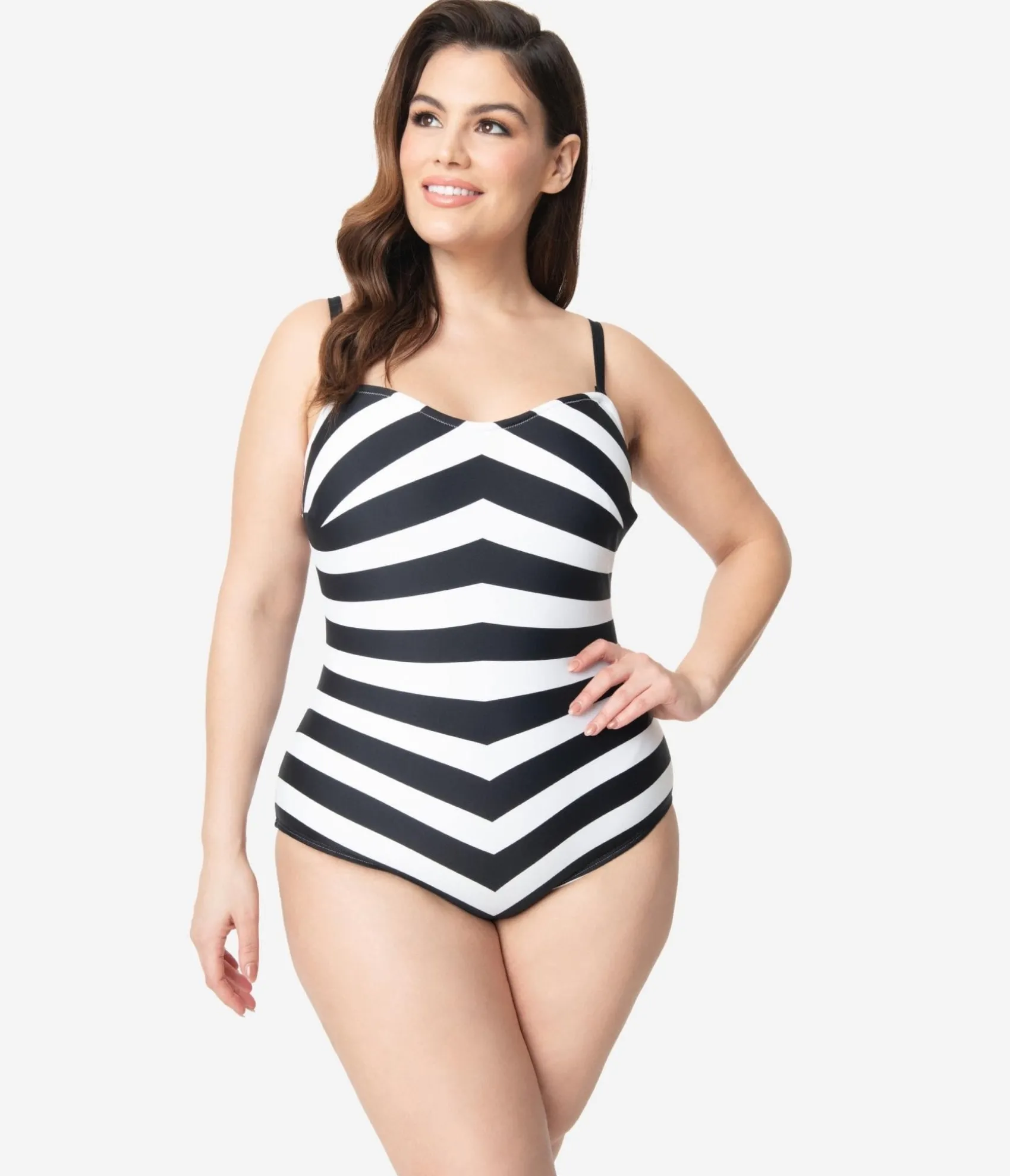 Barbieª x Unique Vintage Plus Size Black & White Chevron Stripe One Piece Bathing Suit