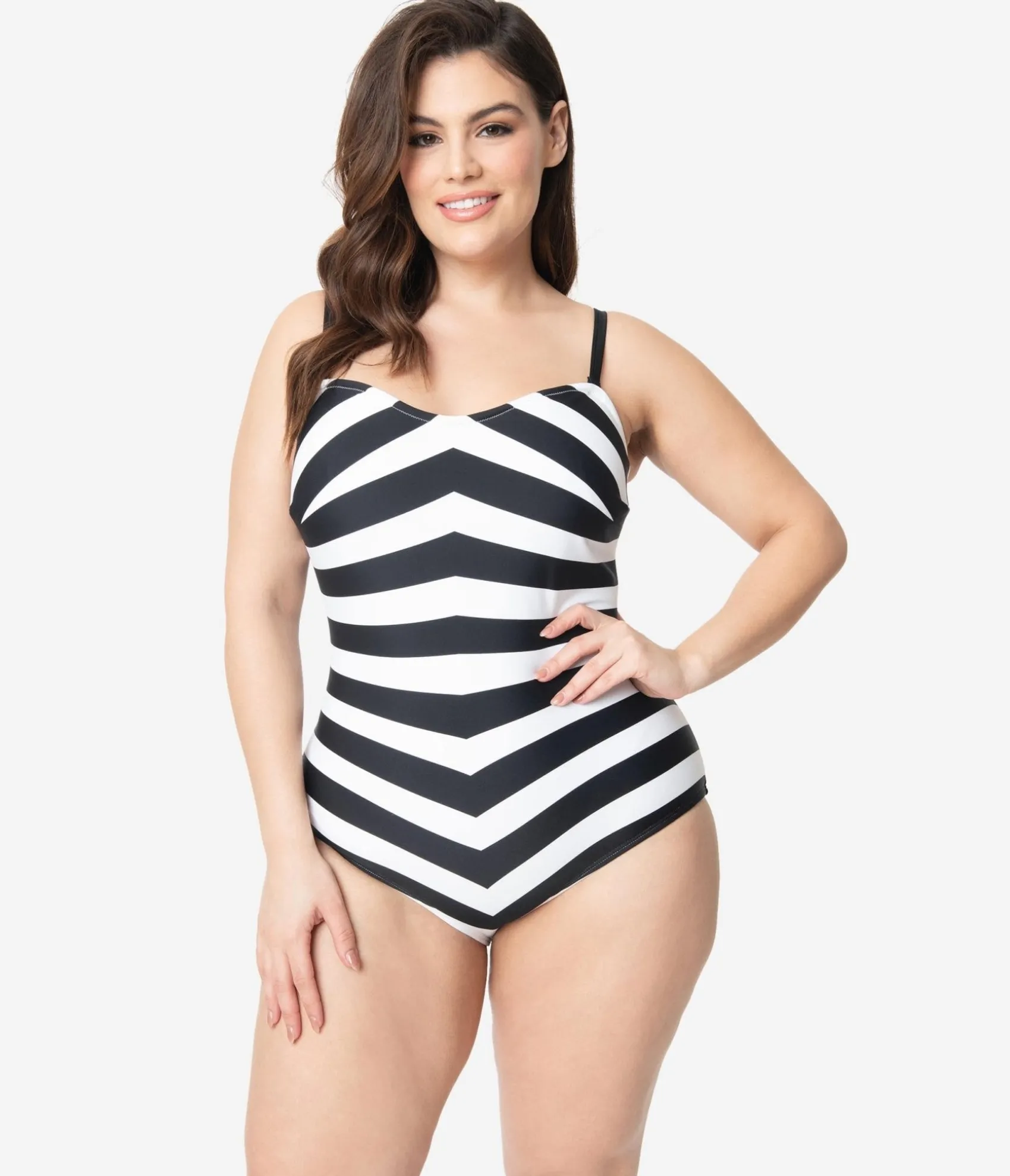 Barbieª x Unique Vintage Plus Size Black & White Chevron Stripe One Piece Bathing Suit