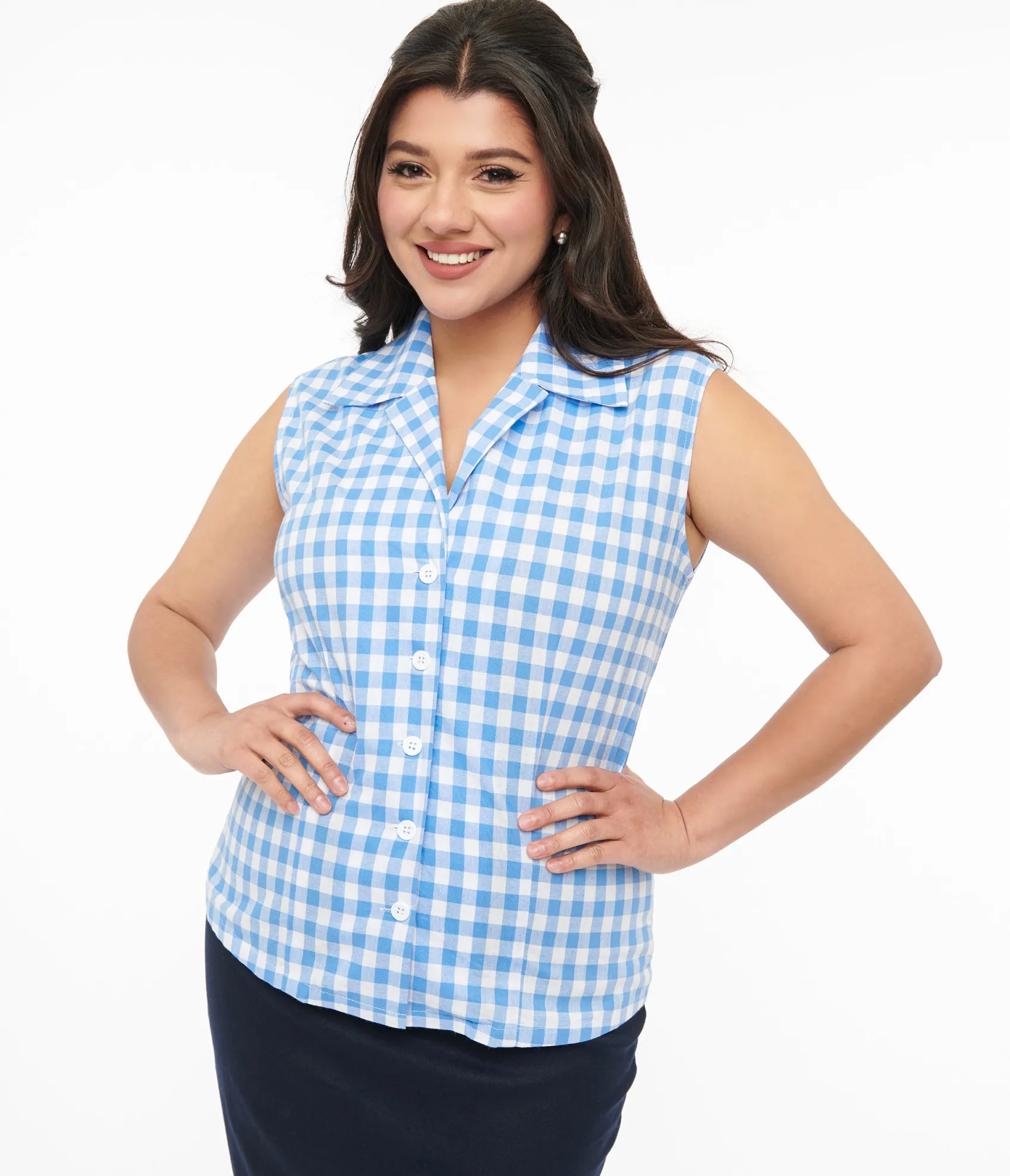 Barbie x Unique Vintage 1950s Blue & White Gingham Commuter Set Collar Blouse