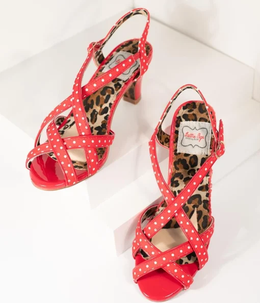 Bettie Page Retro Red & White Polka Dot Peep Toe Gracie Heels