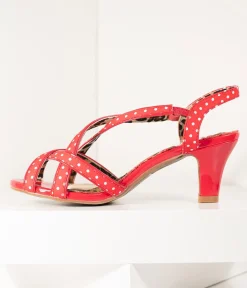 Bettie Page Retro Red & White Polka Dot Peep Toe Gracie Heels
