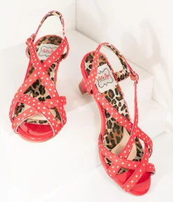 Bettie Page Retro Red & White Polka Dot Peep Toe Gracie Heels