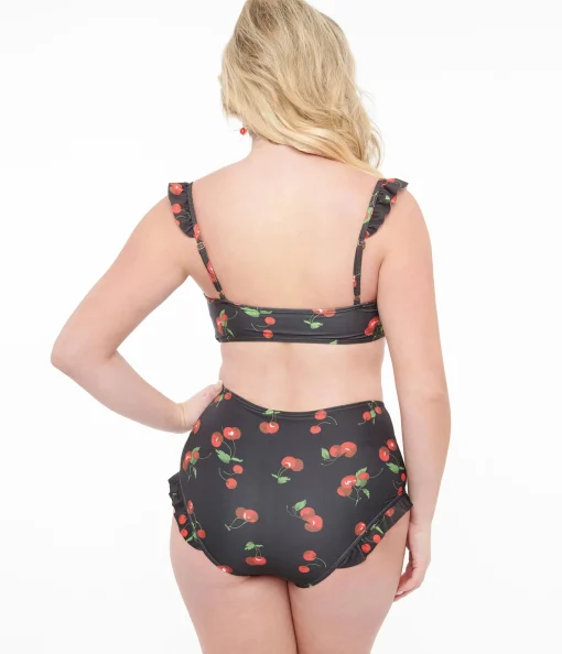 Black & Cherry Print Two Piece Swim Set
