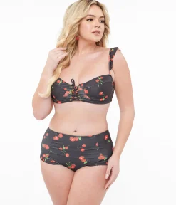 Black & Cherry Print Two Piece Swim Set