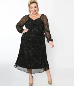 Black & Gold Foil Pin Dot Pleated Midi Dress