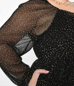 Black & Gold Foil Pin Dot Pleated Midi Dress