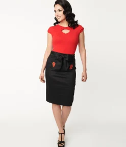 Black & Spanish Rose Pencil Skirt