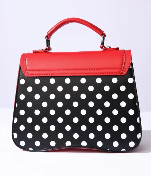 Black & White Dot & Red Accented Leatherette Handbag