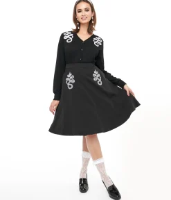 Black & White Snake Embroidered Swing Skirt