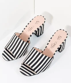 Black & White Stripe Woven Peep Toe Mule Heels
