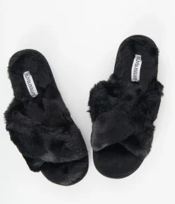 Black Cross Strap Fuzzy Slippers