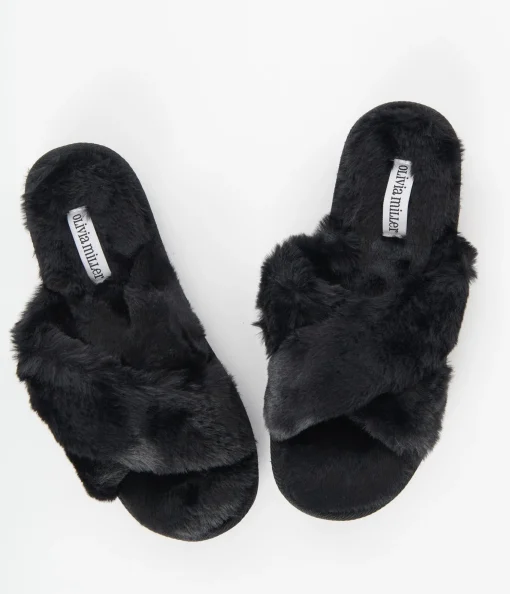 Black Cross Strap Fuzzy Slippers