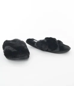 Black Cross Strap Fuzzy Slippers