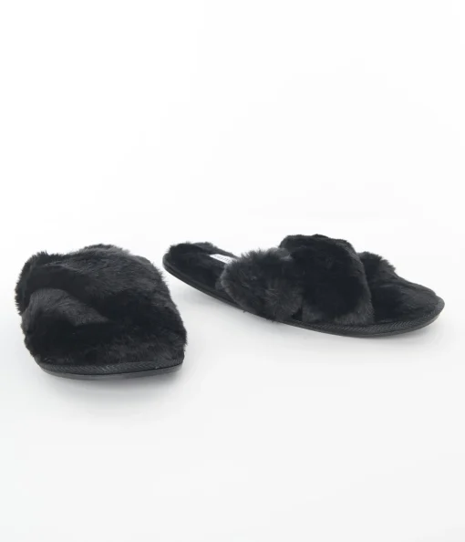 Black Cross Strap Fuzzy Slippers