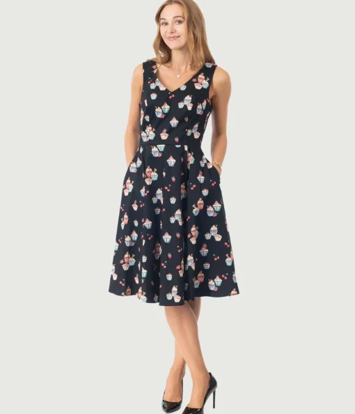 Black Cupcake Print Swing Dress