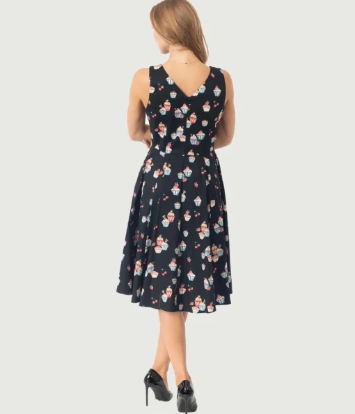 Black Cupcake Print Swing Dress