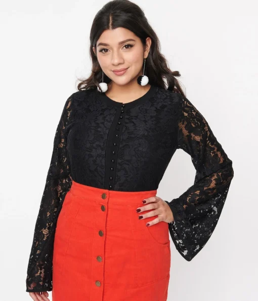 Black Floral Lace Bell Sleeve Cardigan