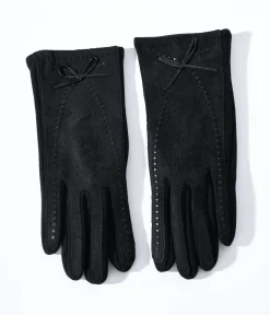 Black Leather Bow Lined Texting Gloves