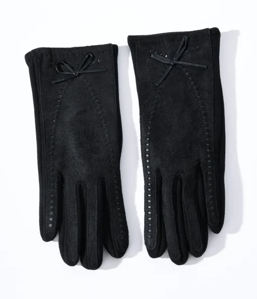 Black Leather Bow Lined Texting Gloves