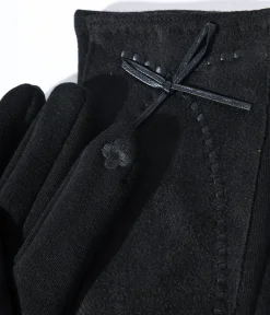Black Leather Bow Lined Texting Gloves