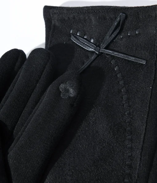 Black Leather Bow Lined Texting Gloves