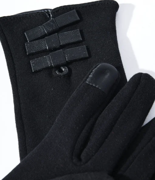 Black Leather Bows Texting Gloves