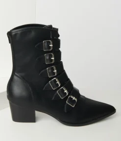 Black Leatherette Buckle Coven Boots