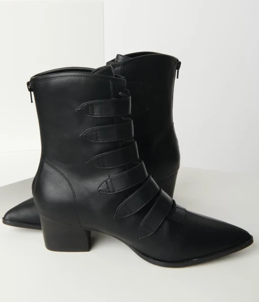 Black Leatherette Buckle Coven Boots