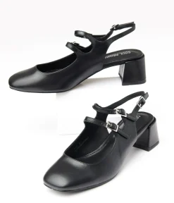 Black Leatherette Double Strap Mary Jane Slingback Heels