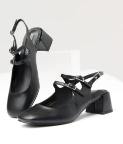 Black Leatherette Double Strap Mary Jane Slingback Heels