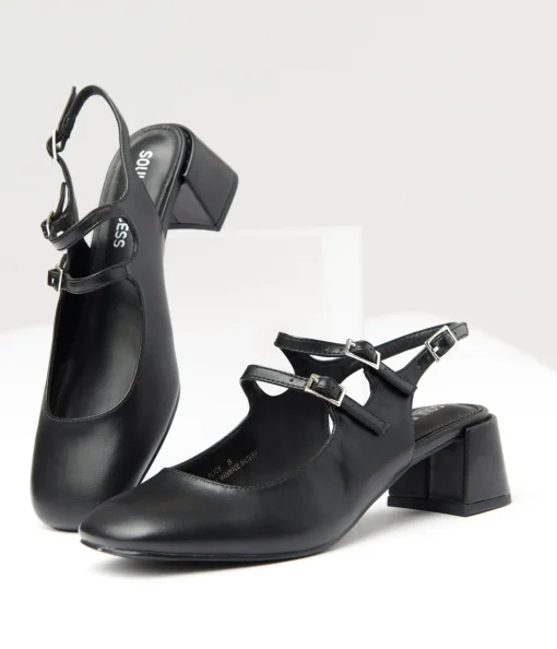 Black Leatherette Double Strap Mary Jane Slingback Heels