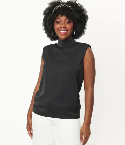 Black Mock Turtleneck Sleeveless Blouse