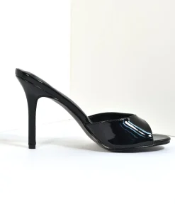 Black Patent Leatherette Peep Toe Slip On Heels