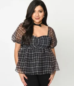 Black Plaid Babydoll Blouse